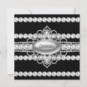Diamanter Pärlor Svarta Quinceanera-inbjudningar Inbjudningar