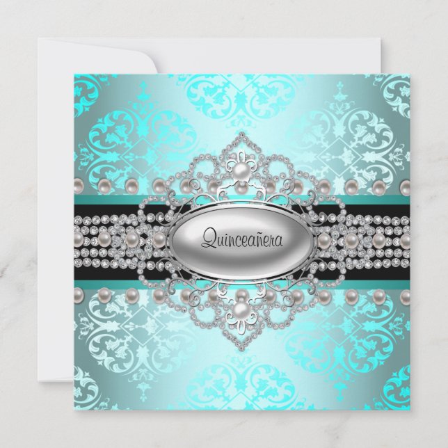 Diamanter Pärlor Tealblå Quinceanera Inbjudningar (Framsida)