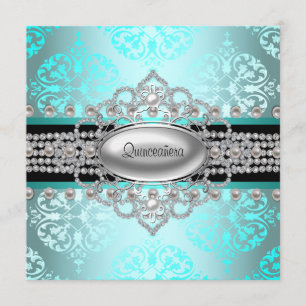 Diamanter Pärlor Tealblå Quinceanera Inbjudningar