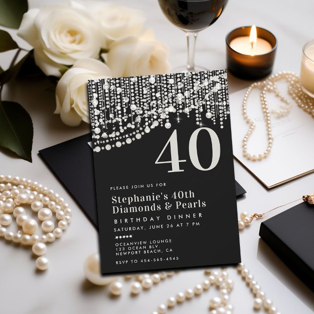 Diamanter Pearls Black White 40:e födelsedag Inbjudningar (birthday dinner party invitation 40th for women black white formal elegant diamonds pearls chic lady)