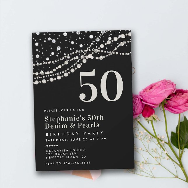 Diamanter Pearls Black White Elegant 50 födelsedag Inbjudningar (diamonds pearls 50th birthday party invitation for women elegant classy bling chic rustic modern)