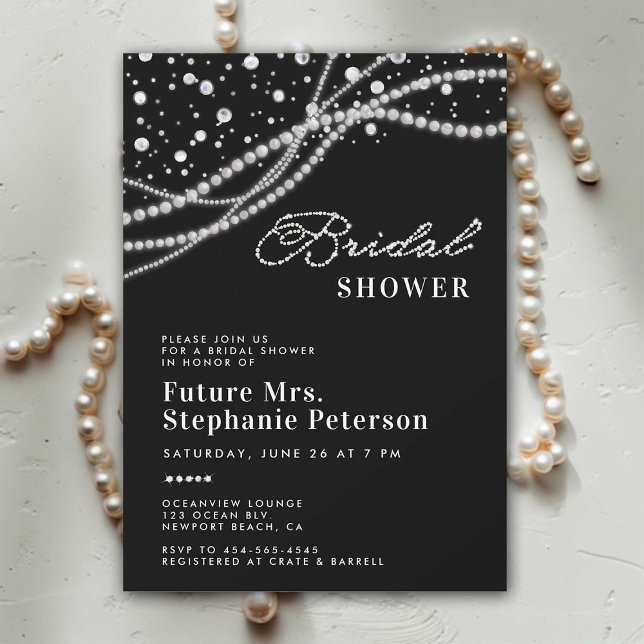 Diamanter Pearls Elegant Black White Möhippa Inbjudningar (diamonds pearls bridal shower invitation black white elegant classy bling romantic feminine rustic)