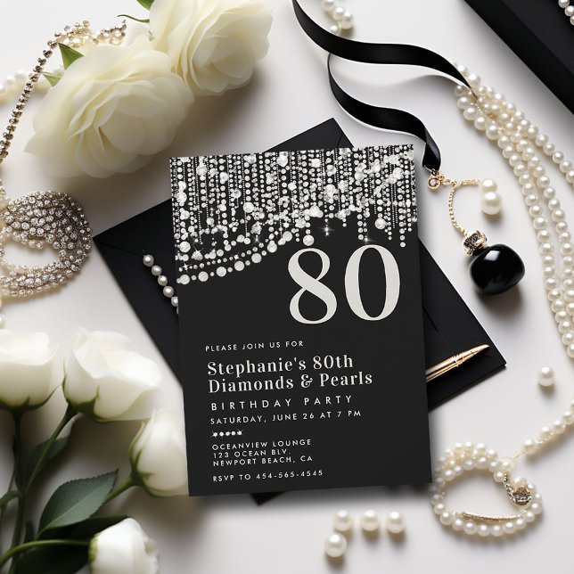 Diamanter Pearls Fringe Black White 80 Birthday Inbjudningar (diamonds pearls 80th birthday party invitation black white formal elegant classy feminine stylish)