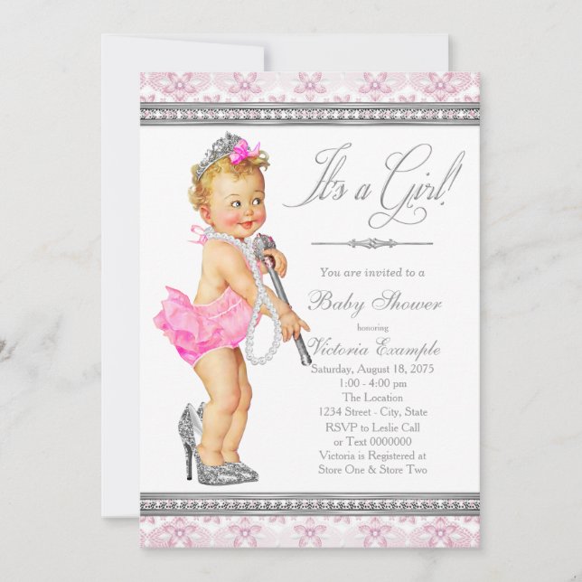 Diamanter Pearls High Heel Little Dam Baby Shower Inbjudningar (Framsida)