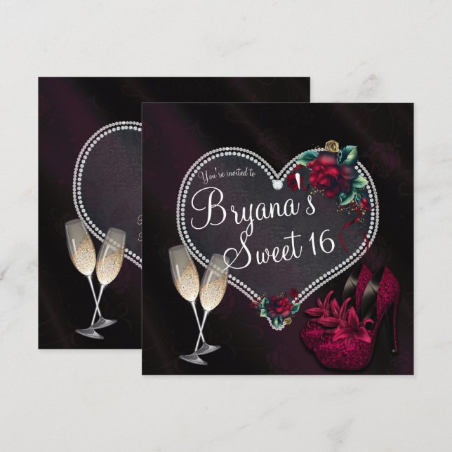 Diamanter Pearls Mörk Hjärtat Högklackar Söta 16 Inbjudningar (Fram/baksida)