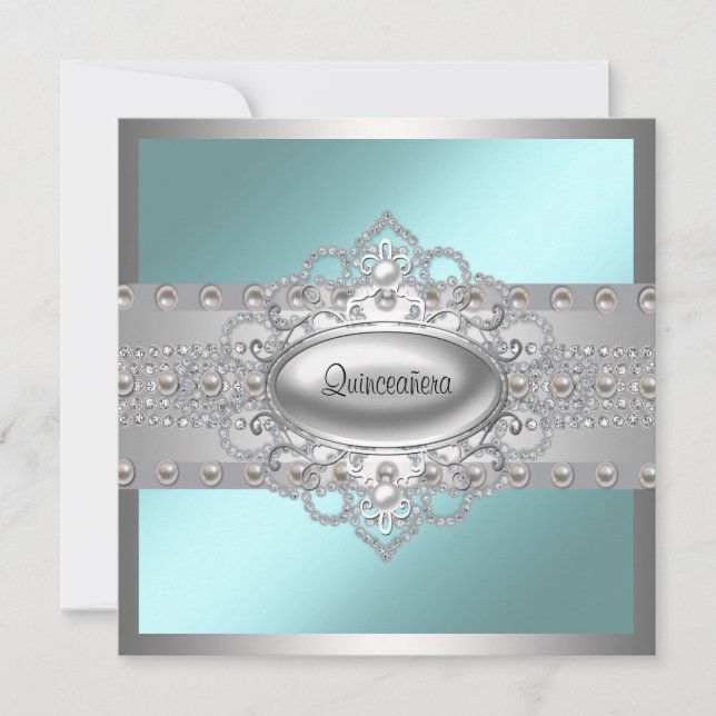 Diamanter Pearls Teal Blue Quinceanera-inbjudninga Inbjudningar (Framsida)