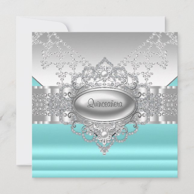 Diamanter Pearls Teal Blue Quinceanera-inbjudninga Inbjudningar (Framsida)
