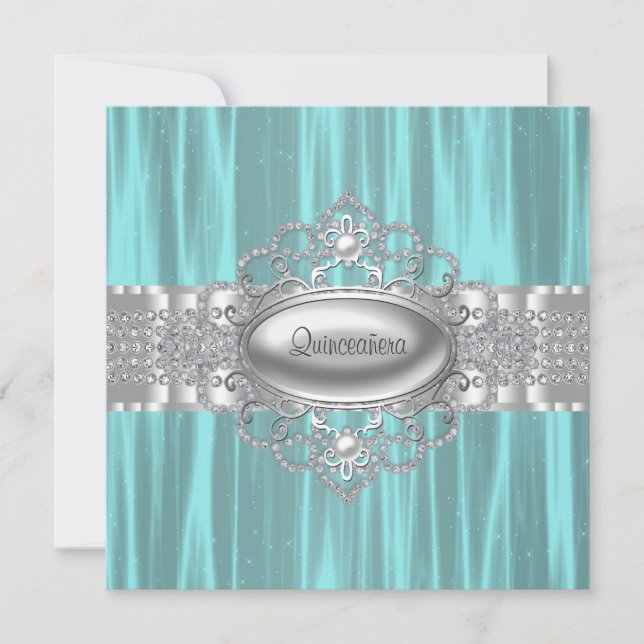 Diamanter Pearls Teal Blue Quinceanera-inbjudninga Inbjudningar (Framsida)
