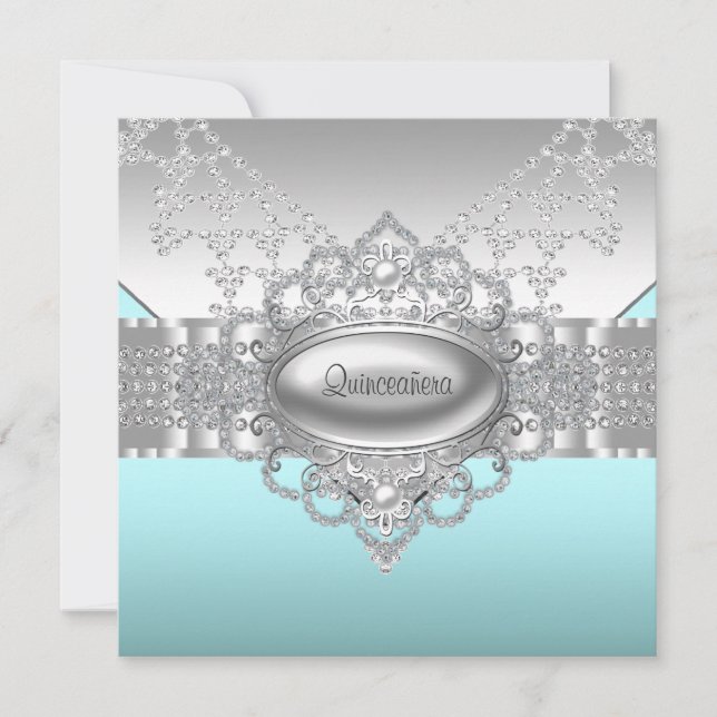 Diamanter Pearls Teal Blue Quinceanera-inbjudninga Inbjudningar (Framsida)