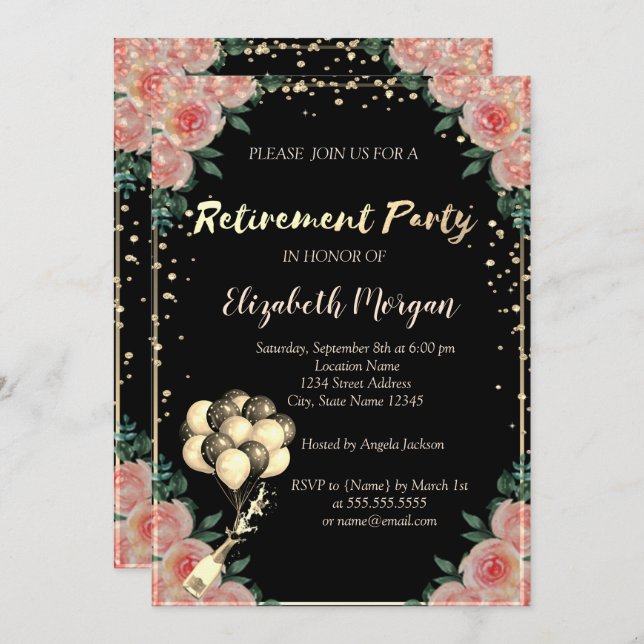 Diamanter Ram, ballonger, Blommigt Pension Party Inbjudningar (Fram/baksida)