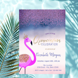 Diamanter, Rosa Flamingo Ombre Quinceañera Inbjudningar