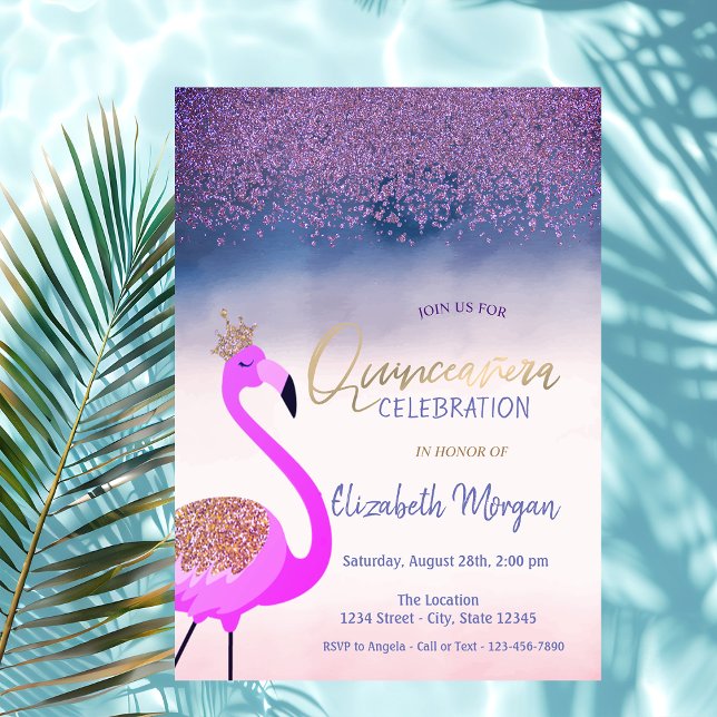 Diamanter,Rosa Flamingo Ombre Quinceañera Inbjudningar (Skapare uppladdad)