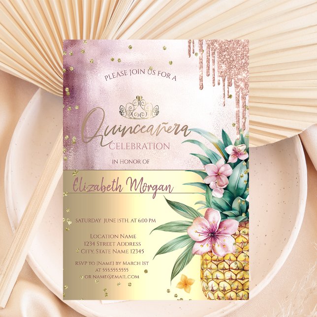 Diamanter, Rosa Guld Glitterdroppar, Ananas Inbjudningar (Skapare uppladdad)