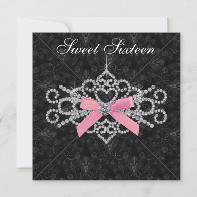Diamanter Rosa Svart Damask Sweet 16 Födelsedagsfe Inbjudningar (Framsida)