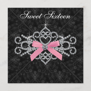 Diamanter Rosa Svart Damask Sweet 16 Födelsedagsfe Inbjudningar
