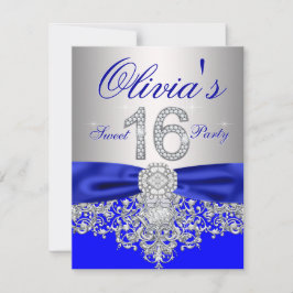 Diamanter Royal Blue och Silver Sweet 16 Party Inbjudningar