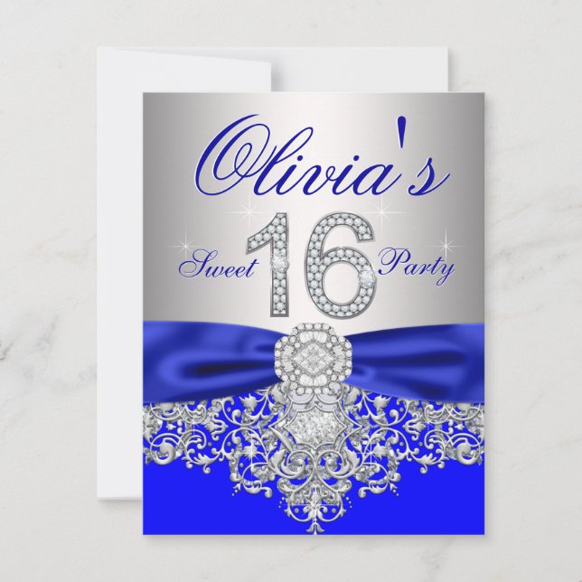 Diamanter Royal Blue och Silver Sweet 16 Party Inbjudningar (Framsida)