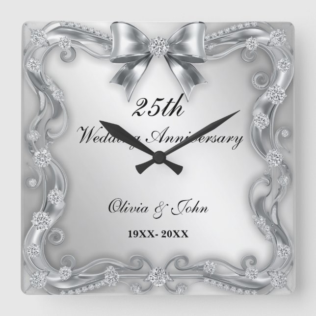 Diamanter & Silver 25-års bröllopsdag present Fyrkantig Klocka (Framsida)