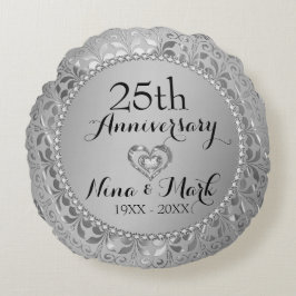 Diamanter & Silver 25:e Bröllop-årsdagen Rund Kudde
