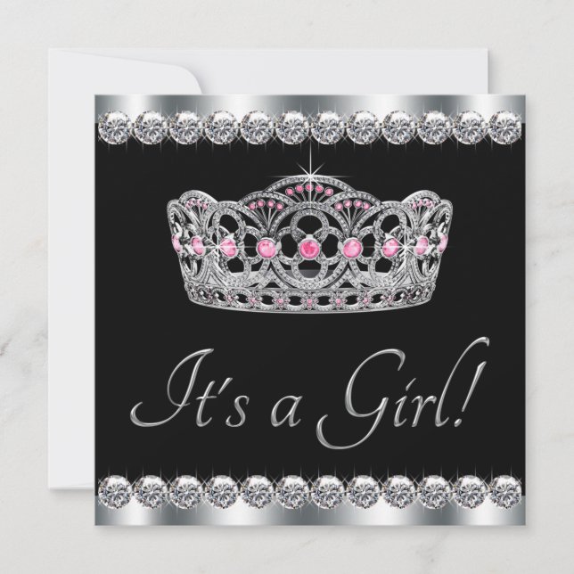 Diamanter Silver Tiara Rosa Svart Baby Shower Inbjudningar (Framsida)