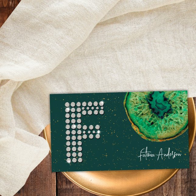 Diamanter Smaragd Agat Initial F Bokstavsmonogram Visitkort (Front)