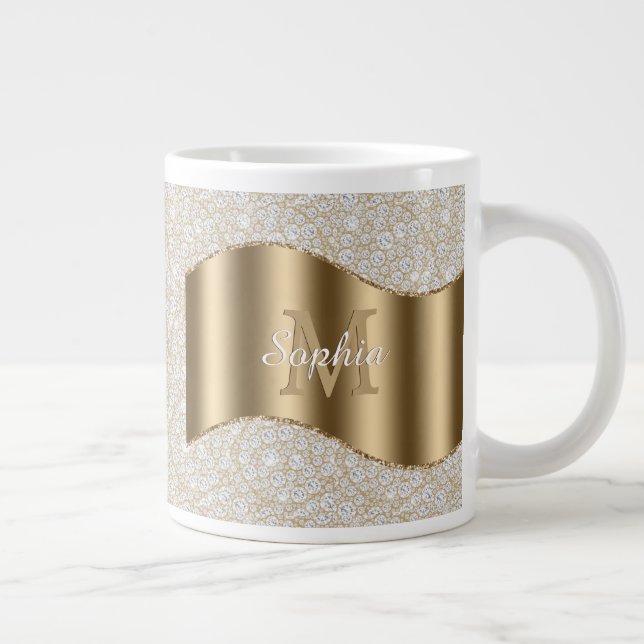 Diamanter, stor Guld Monogram vit skript Namn Jumbo Mugg (Höger)