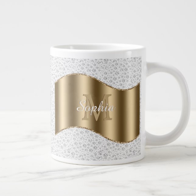 Diamanter, Stor Guldmonogram Vitt Skriptnamn #2 Jumbo Mugg (Höger)