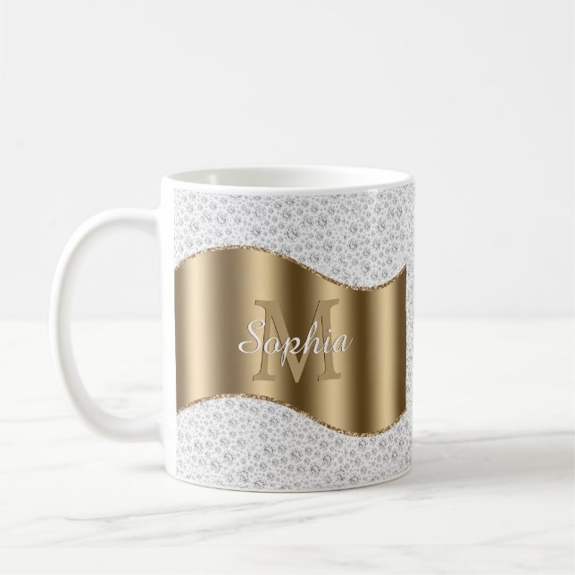 Diamanter, Stor Guldmonogram Vitt Skriptnamn #2 Kaffemugg (Vänster)