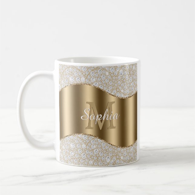 Diamanter, stort Guld-monogram, vitt skript Namn Kaffemugg (Vänster)