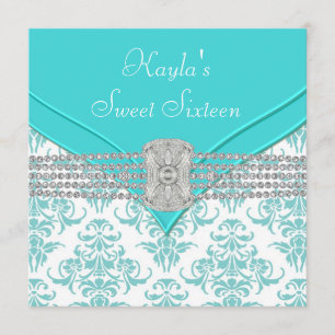 Diamanter Teal Blå Damast Sweet Sixteen Födelsedag Inbjudningar