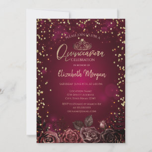 Diamanter, Tiara Burgunderrosor Quinceañera Inbjudningar