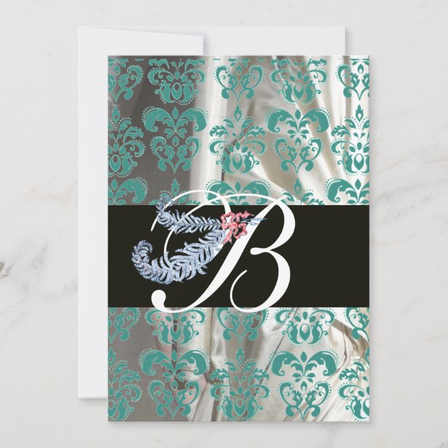 DIAMANTFJÄDER BLÅ VIT SILKE DAMAST MONOGRAM INBJUDNINGAR (Framsida)