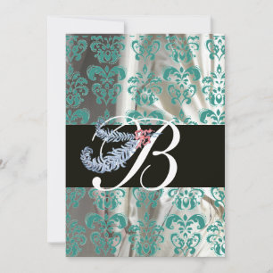 DIAMANTFJÄDER BLÅ VIT SILKE DAMAST MONOGRAM INBJUDNINGAR