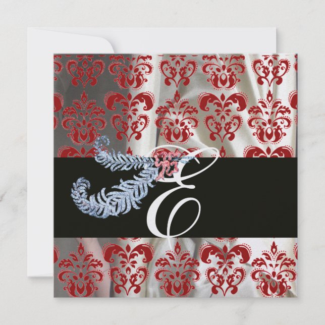 DIAMANTFJÄDER RÖD VIT IS SILKE DAMAST MONOGRAM INBJUDNINGAR (Framsida)