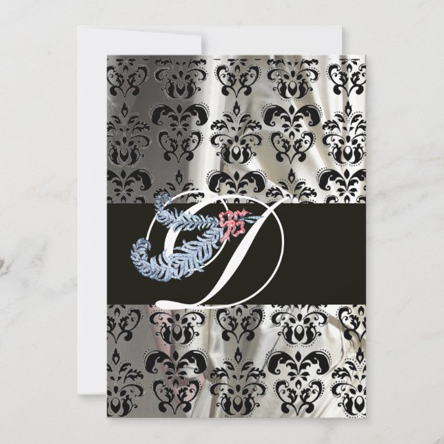DIAMANTFjäder VIT SVART SILKE DAMAST MONOGRAM Inbjudningar (Framsida)
