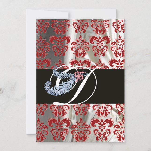 DIAMANTFjäDRAD RÖD VIT SILKE DAMAST MONOGRAM Inbjudningar (Framsida)