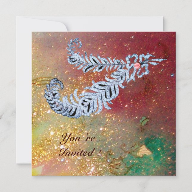 DIAMANTFJÄDRAR, bruna gula gröna gyllene gnistrand Inbjudningar (Framsida)