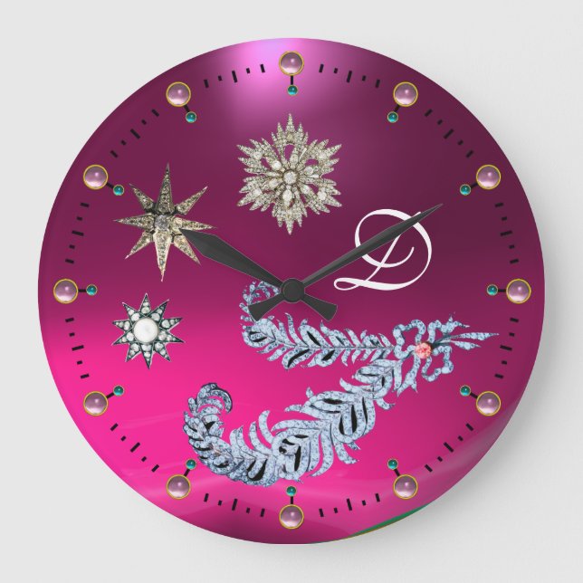 DIAMANTFJÄDRAR OCH ROSA GEMSTONEMONOGRAM FÖR STOR KLOCKA (Framsida)