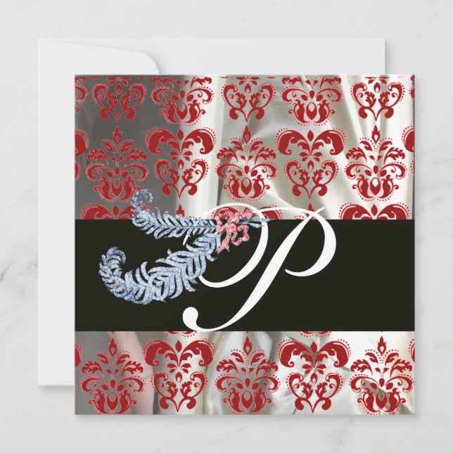 DIAMANTFJÄDRAR RÖD VIT SILKE DAMAST MONOGRAM INBJUDNINGAR (Framsida)