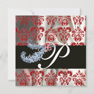 DIAMANTFJÄDRAR RÖD VIT SILKE DAMAST MONOGRAM INBJUDNINGAR
