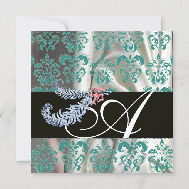 DIAMANTFJÄDRAR VITA BLÅ SILKE DAMAST MONOGRAM INBJUDNINGAR (Framsida)