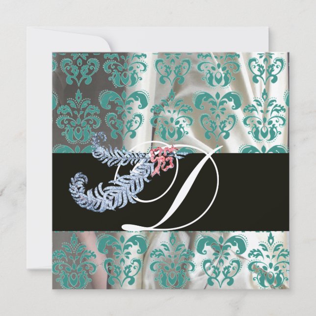 DIAMANTFJÄDRAR VITA BLÅ SILKE DAMAST MONOGRAM INBJUDNINGAR (Framsida)