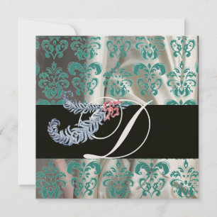 DIAMANTFJÄDRAR VITA BLÅ SILKE DAMAST MONOGRAM INBJUDNINGAR