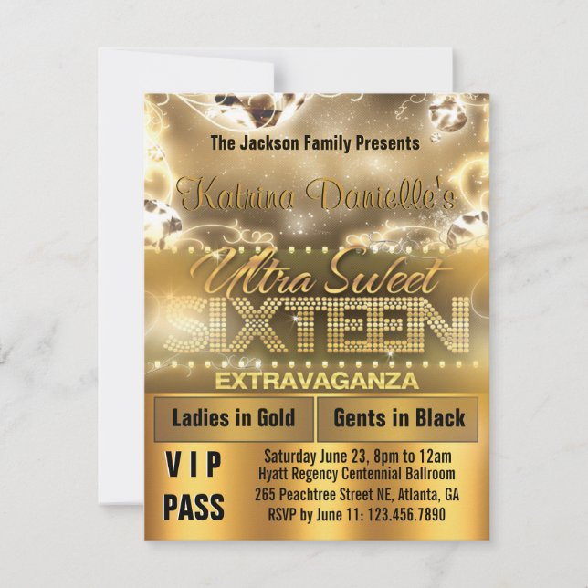 Diamantglöd Sweet sixteen VIP Pass Inbjudan [Guld] (Framsida)