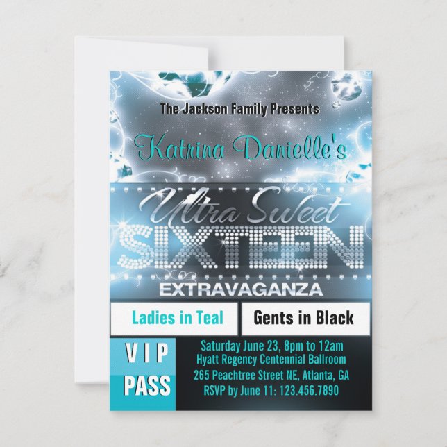 Diamantglöd Sweet sixteen VIP Pass Inbjudan [Teal] (Framsida)