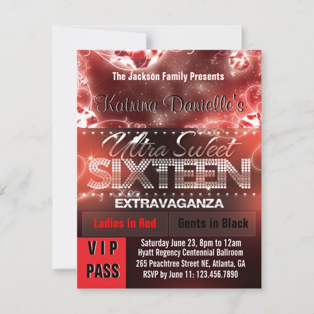 Diamantglödsweet sixteen VIP passerar [den röda Inbjudningar (Framsida)