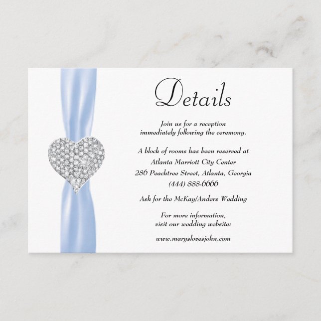 Diamanthjärta Blått Band Bröllopsdetaljer Tilläggskort (Framsida)