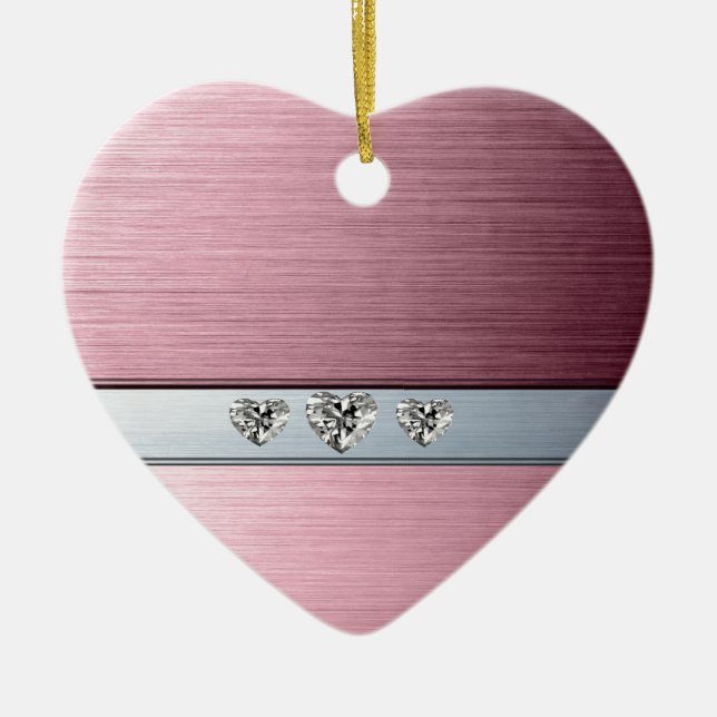 diamanthjärtan på ljus rosa silversbakgrund julgransprydnad keramik (Framsidan)