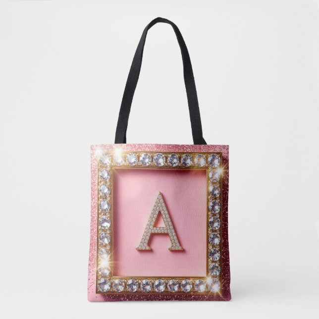 Diamantinitial A Guldram Rosa Glitter Monogram Tygkasse (Framsida)