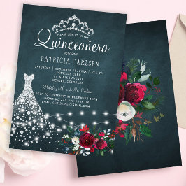 Diamantklänning och tiara blommigt elegant quincea inbjudningar